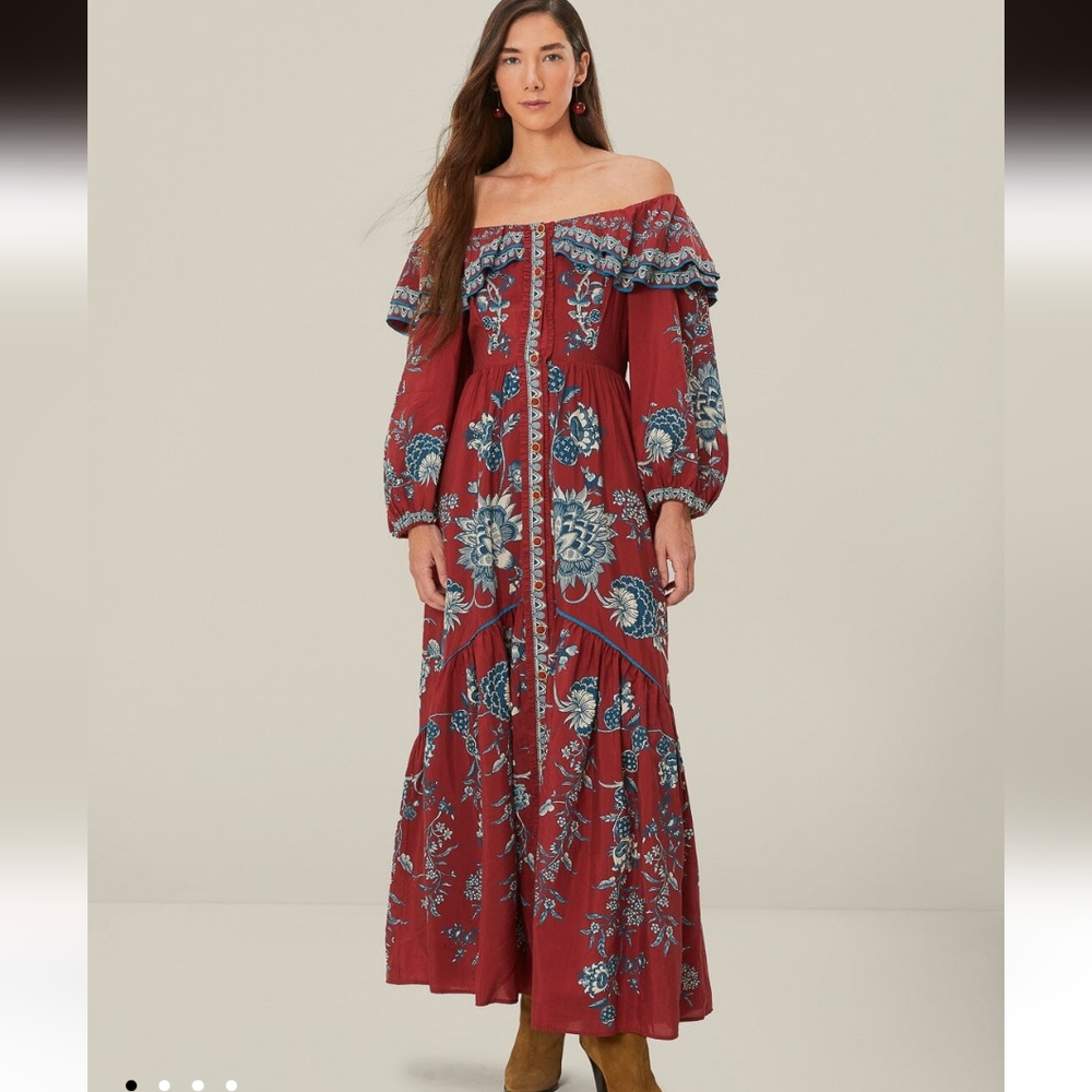 Farm Rio Red Tropical landing off shoulder maxi dress